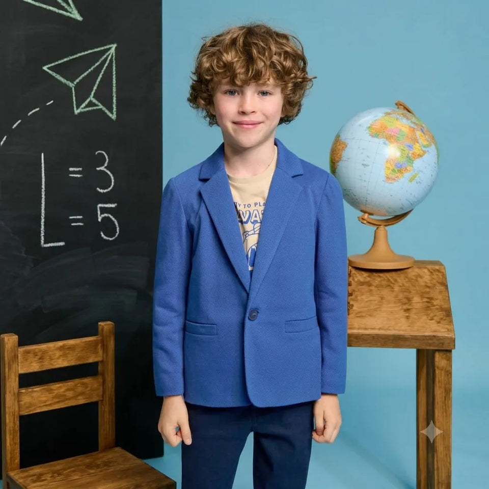 A young boy with curly brown hair stands in a classroom-like setting wearing a bright blue blazer and navy pants. A chalkboard with white chalk writing is on the left, and a globe on a wooden table is on the right.