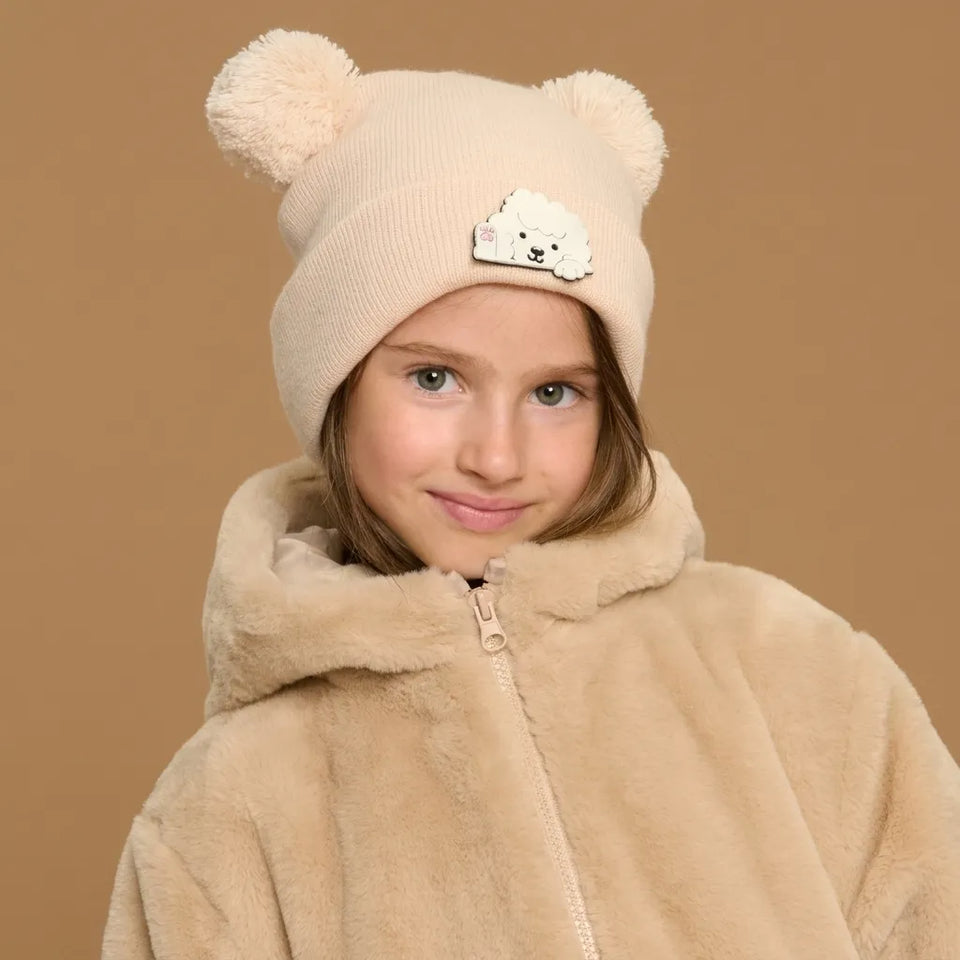 Sinsay Girl's Beige Front Raised Dog-Themed Patches Beanie