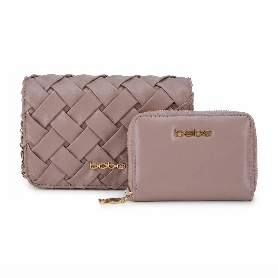 A matching wallet set from Bebe in a dusty mauve color, featuring a woven leather clutch with a gold-tone chain strap and logo on the back, and a smooth leather zip-around wallet in front with a gold-tone logo.