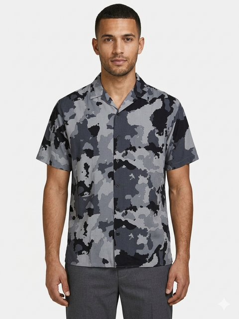 Man wearing a camouflage patterned shirt on a white background