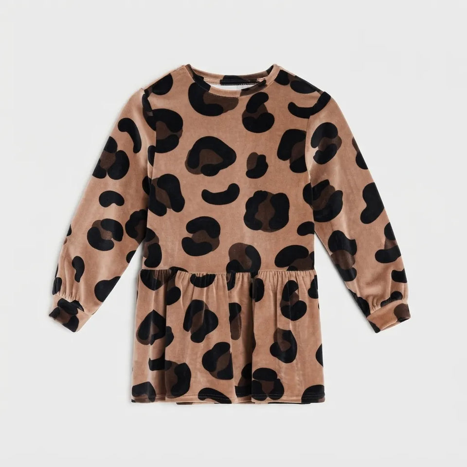 A long-sleeve babydoll dress in brown velvet with a black leopard print pattern, shown flat on a light gray background.