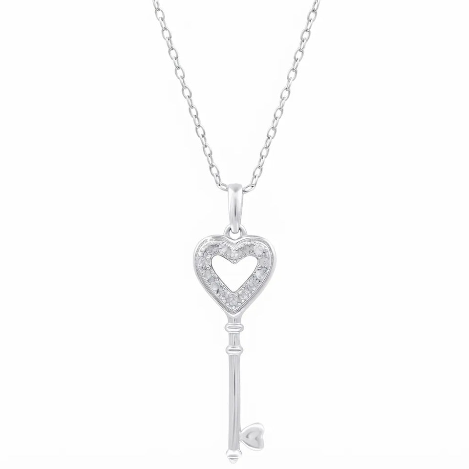Macy's Women's Sterling Silver Diamond Heart Key Pendant Necklace