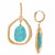 A pair of gold drop earrings featuring a large organic-shaped gold frame with a smooth, polished turquoise stone dangling in the center, shown against a plain white background.