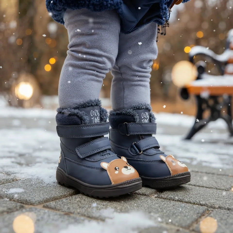 A child wearing navy blue winter boots with brown bear face details and gray leggings, standing outdoors on a snowy paved surface with a blurred park bench in the background.