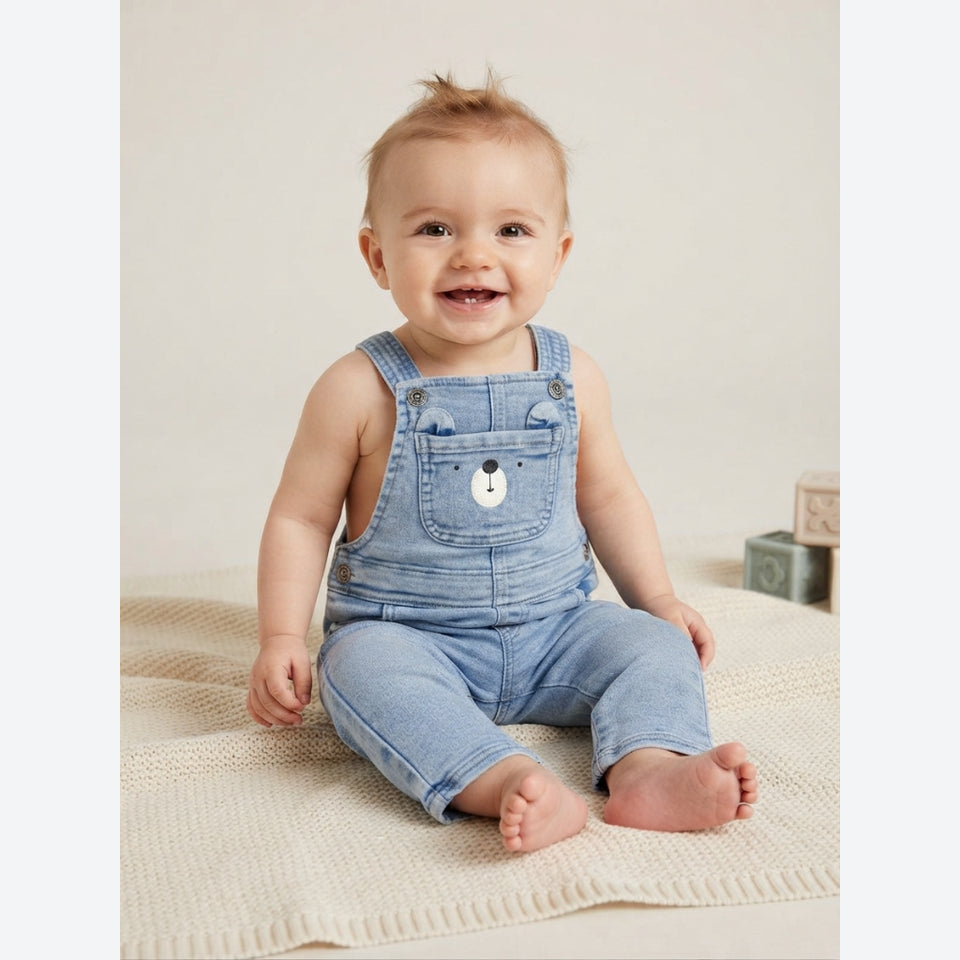 A baby sitting on a cream knit blanket wearing light blue denim overall with a bear face patch on the chest pocket, photographed in a soft neutral studio setting.