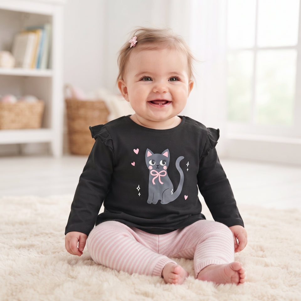 Sinsay Baby Girl's Black Cat Graphic Long-Sleeve Blouse