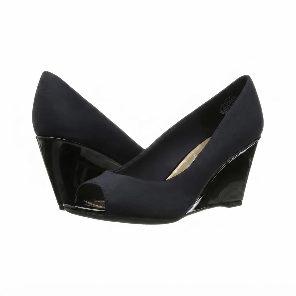 A pair of women's navy blue satin wedge pumps with open toes and glossy black wedge heels, shown against a plain white background.