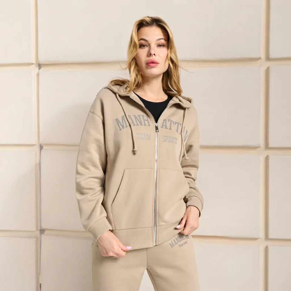 Sinsay Women's Beige Chest "Manhattan" Graphic Hooded Jacket