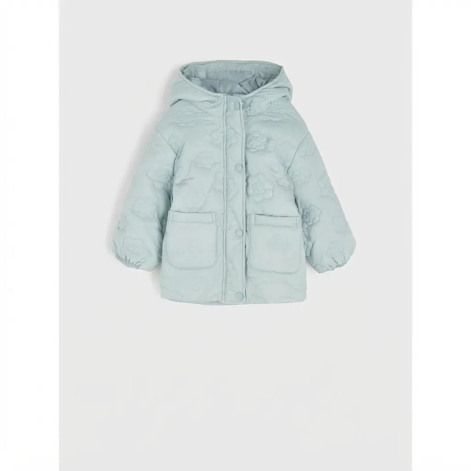A light mint green hooded puffer jacket with a quilted texture and front button closure, displayed against a neutral light gray background.
