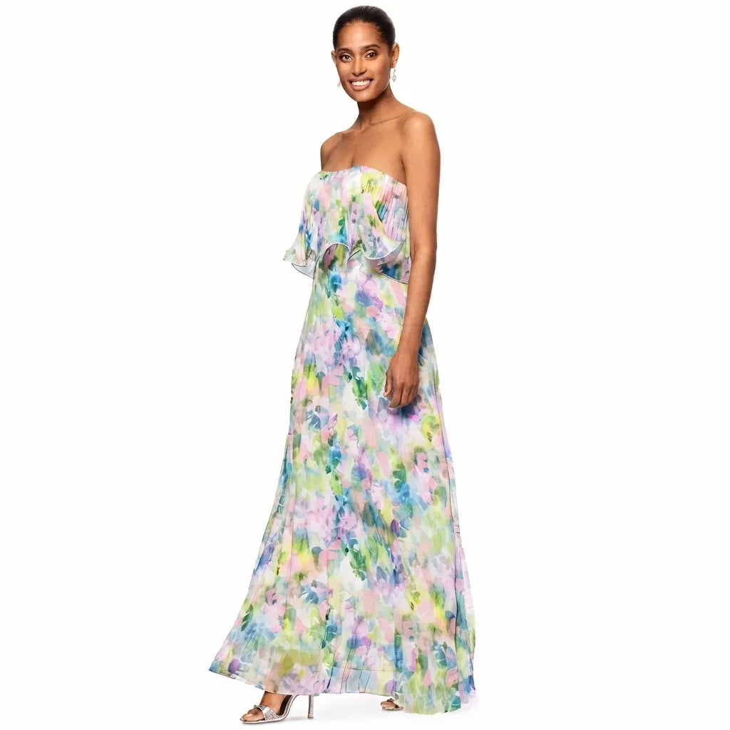 Betsy & Adam Women's Multicolor Printed Pleated Strapless Dress 
