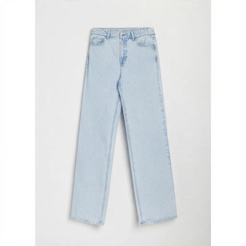 Light wash blue denim jeans with a straight-leg fit, laid flat against a light gray background.