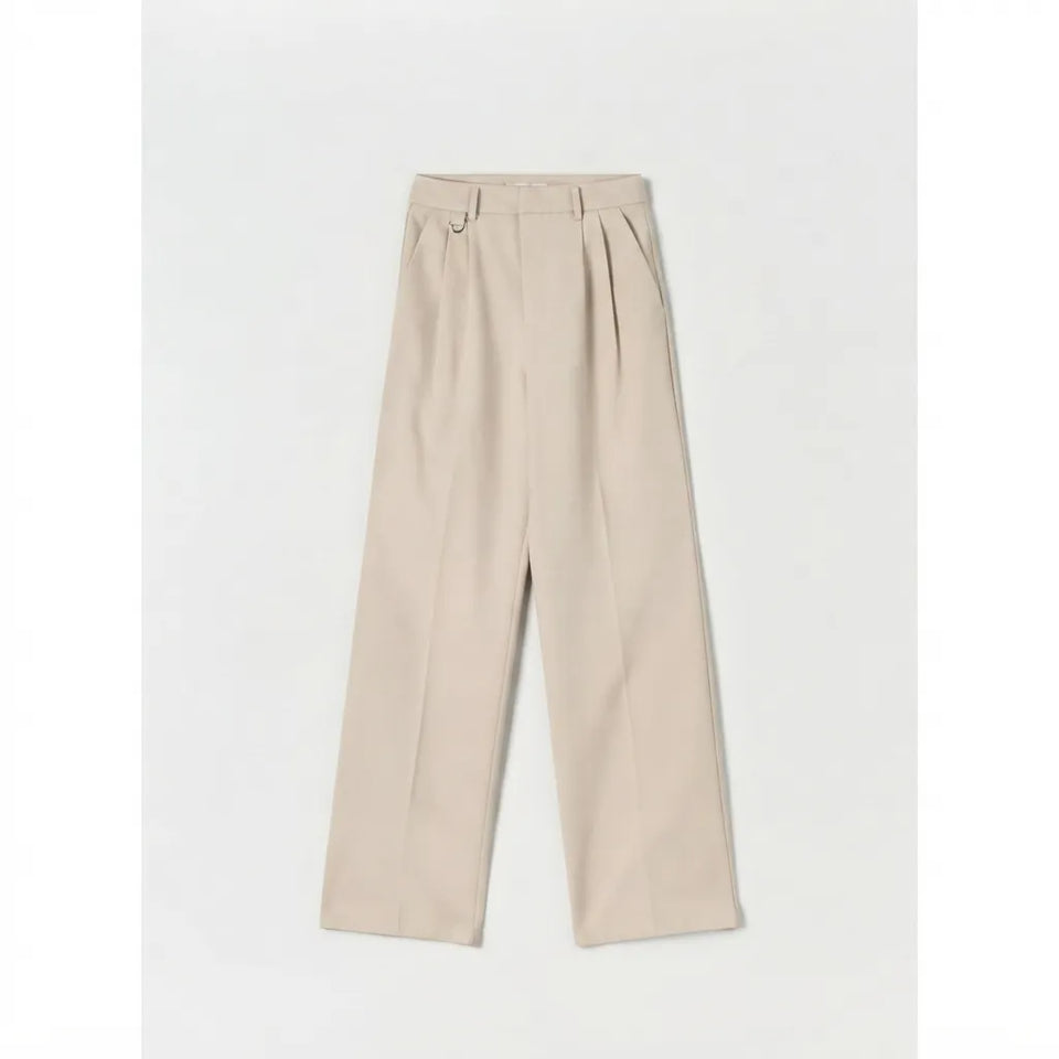 A pair of light beige wide-leg cropped trousers with pleated detailing at the waist, laid flat against a light gray background.