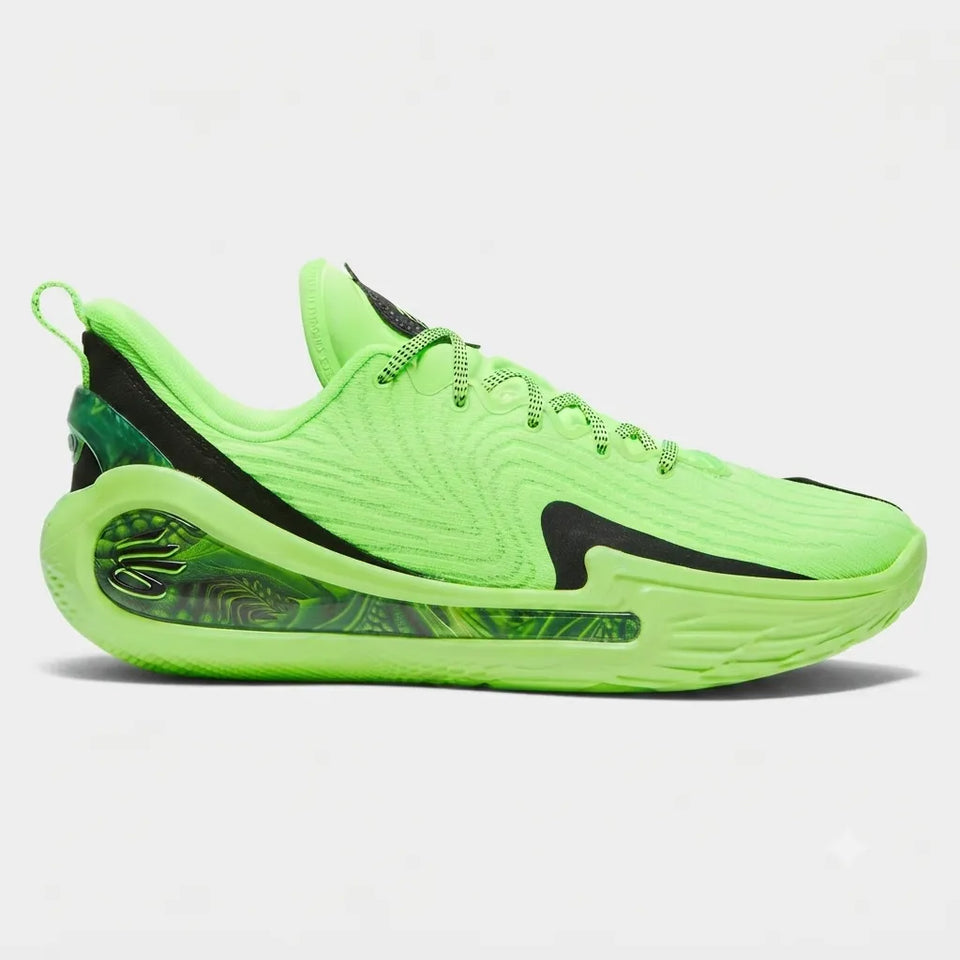A Nike basketball sneaker in neon green with black accents, featuring a textured knit upper, a large black Swoosh, and a thick cushioned sole with a visible air unit.