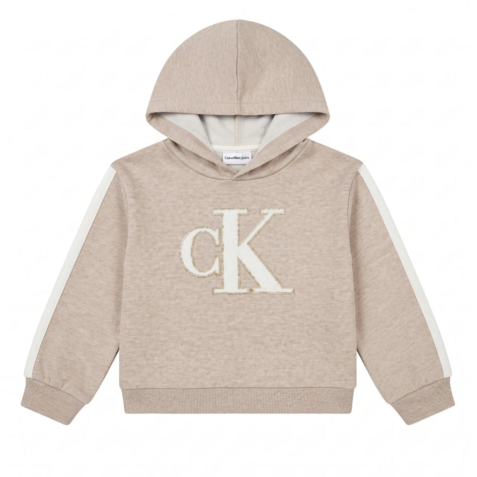 A toddler's Calvin Klein hoodie in a heathered light beige color, featuring a large cream-colored 'ck' logo on the chest and white stripe details on the sleeves, shown against a plain white background.