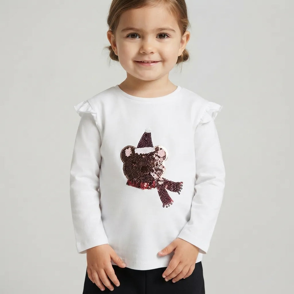 Sinsay Girl's White Bear Sequin Ruffle Shoulder Blouse