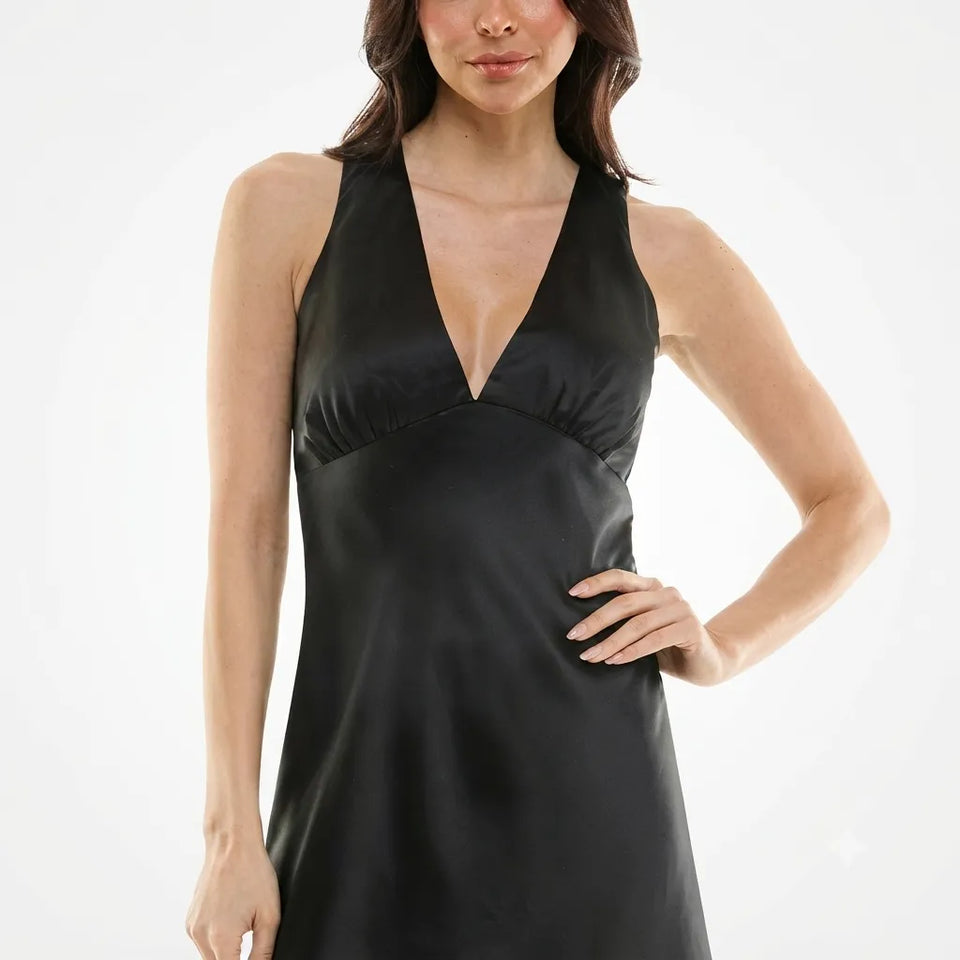Emerald Sundae Women's Black Satin V-Neck Cowl-Back Dress