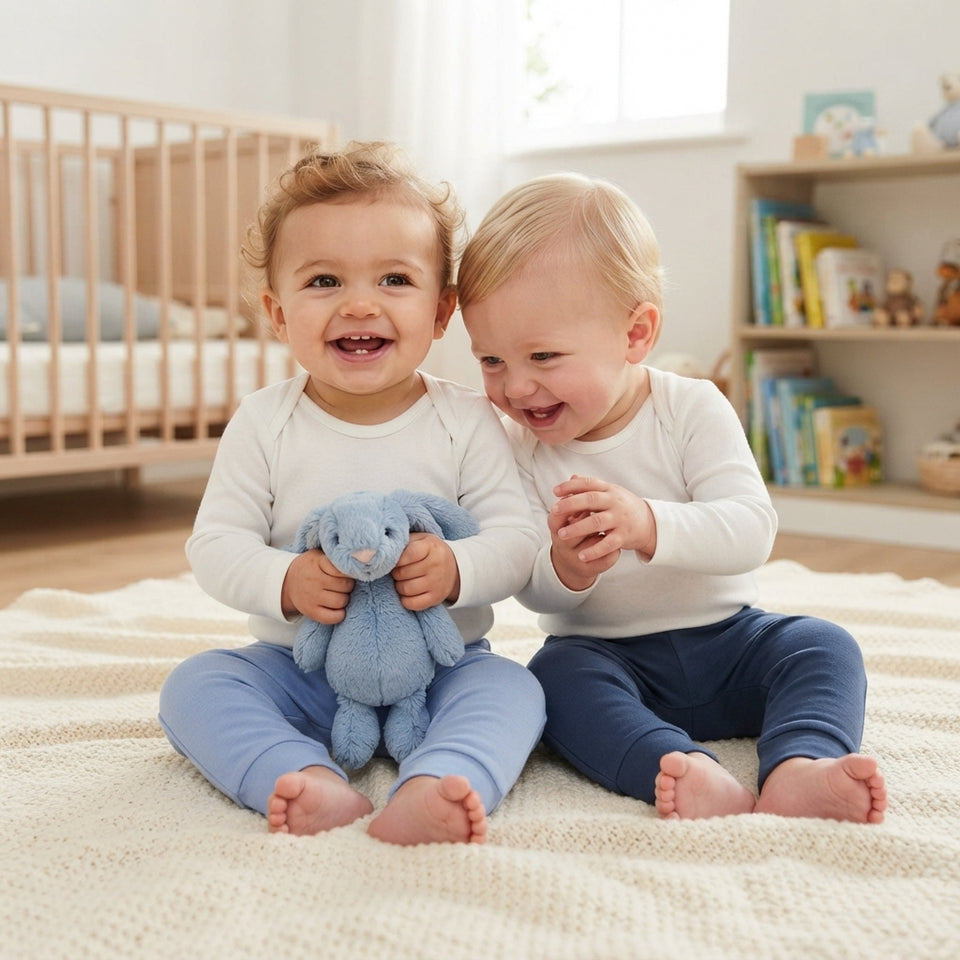 Two smiling toddlers sitting on a cream knit blanket in a bright nursery, wearing matching white long-sleeve tops and light blue leggings. One child holds a soft blue stuffed bunny.