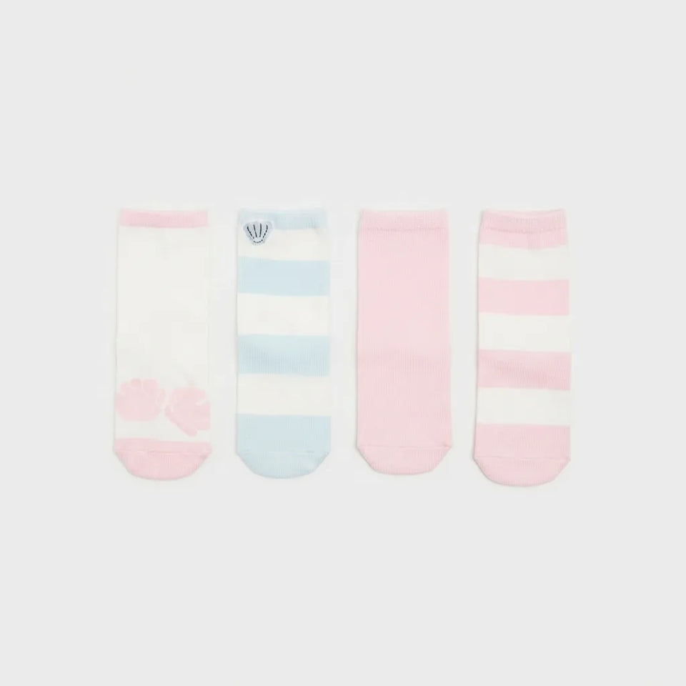 Four pairs of striped baby socks in pastel colors, including pink and white stripes, light blue and white stripes, and pink floral details on a white sock, displayed against a light gray background.