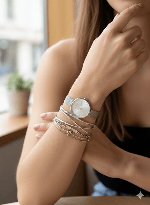 Laura Ashley Women's Silver 5 Pcs Bangle Stack With Mesh Watch | Laura Ashley In Lebanon