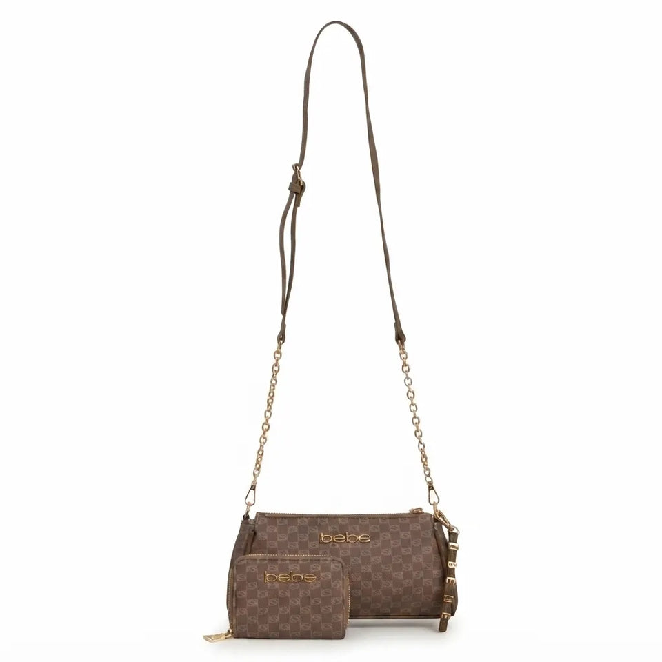 A brown monogram crossbody bag with a matching zippered pouch, featuring a brown leather strap with gold-tone chain links and gold logo lettering on a white background.
