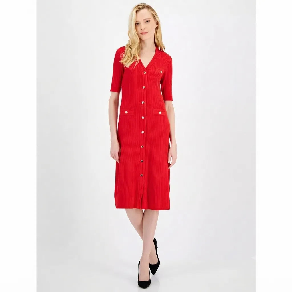 Anne Klein Women's Red Ribbed Button-Front A-Line Dress