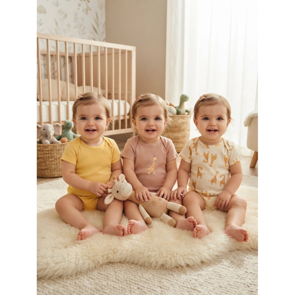 Three smiling toddlers sitting on a fluffy cream rug in a bright nursery, wearing matching short-sleeve bodysuits in yellow, dusty pink, and cream with giraffe prints.
