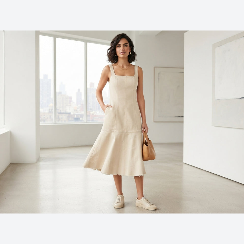 En Saison Women's Light Beige Gwendolyn Square Neck Asymmetric Hem Denim Midi Dress