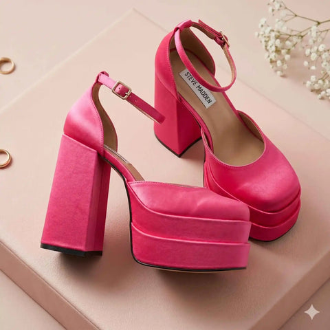 Pink platform heels on a light pink background with 'Steve Madden' branding.