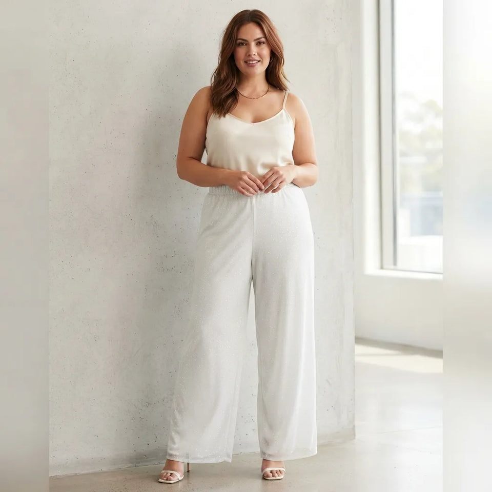 Msk Women's White Sparkly Wide-Leg Plus Size Pants