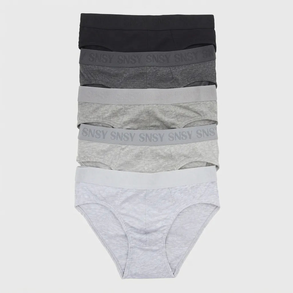 A 5-pack of women's seamless briefs in various shades of gray and black, stacked vertically. The waistbands are light gray and feature the brand name 'SNSY' printed repeatedly.