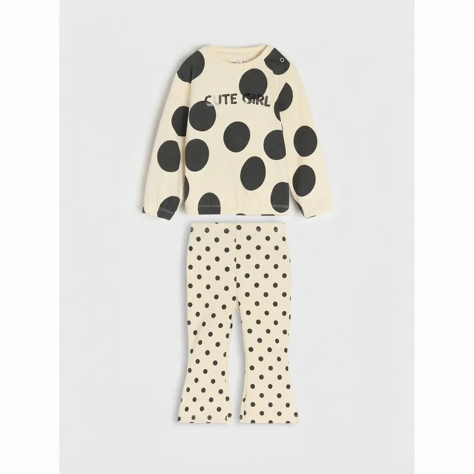 Sinsay Girl's Cream/Black All-Over Polka Dot Sweatshirt And Legging Two Piece Set