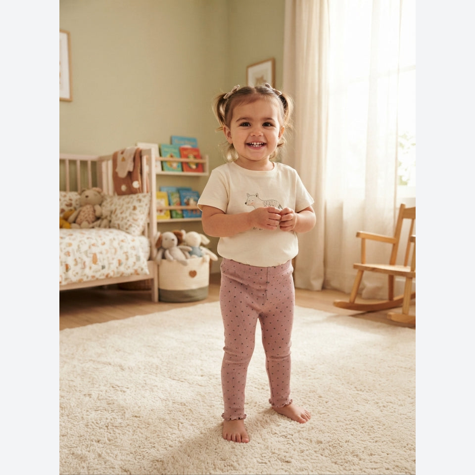 A toddler girl stands barefoot on a cream shag rug in a softly lit nursery, wearing a cream short-sleeve top and dusty pink leggings with tiny light-colored polka dots.