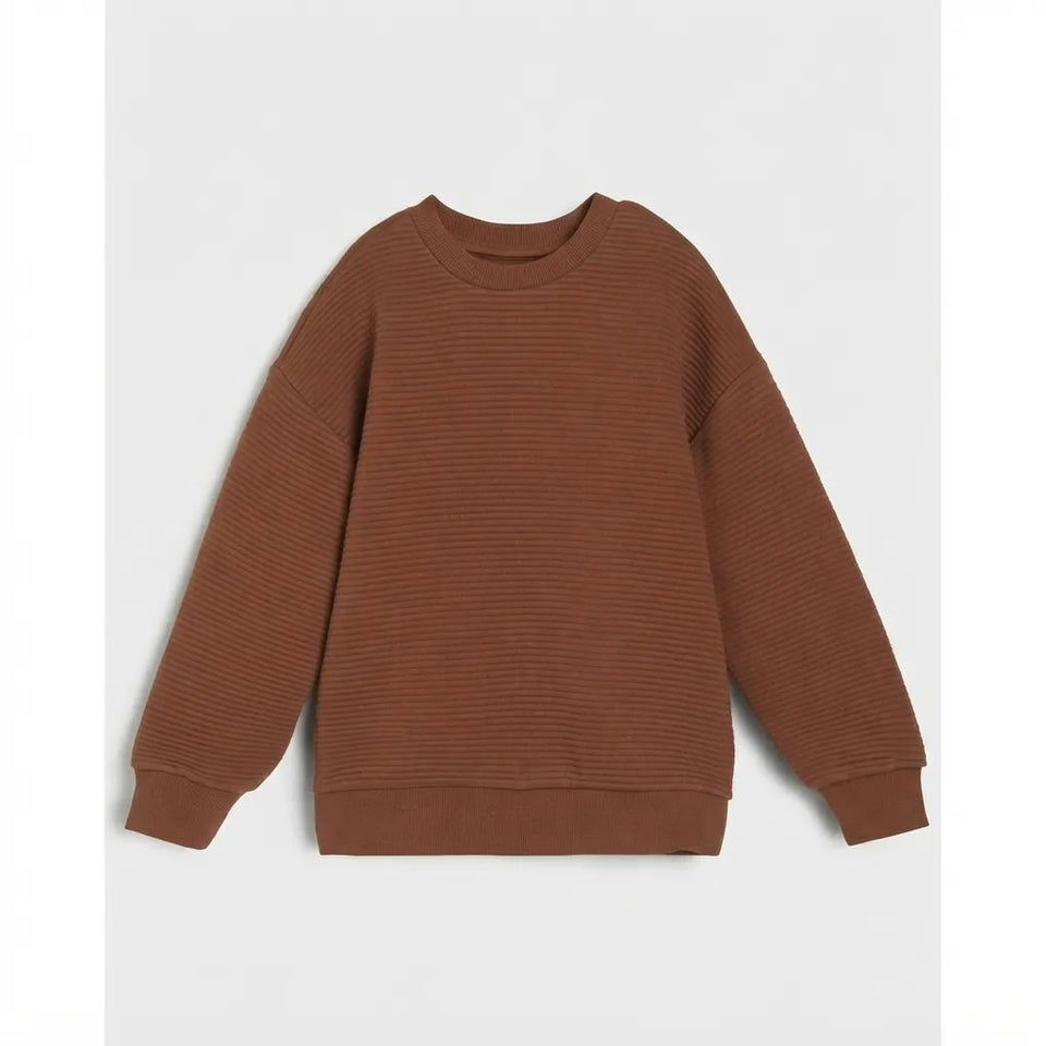 A brown ribbed crewneck sweatshirt with long sleeves and ribbed cuffs and hem, displayed flat against a light gray background.