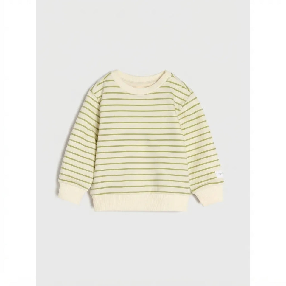A long-sleeve crewneck sweatshirt with thin horizontal olive green stripes on a cream base, shown flat against a light gray background.