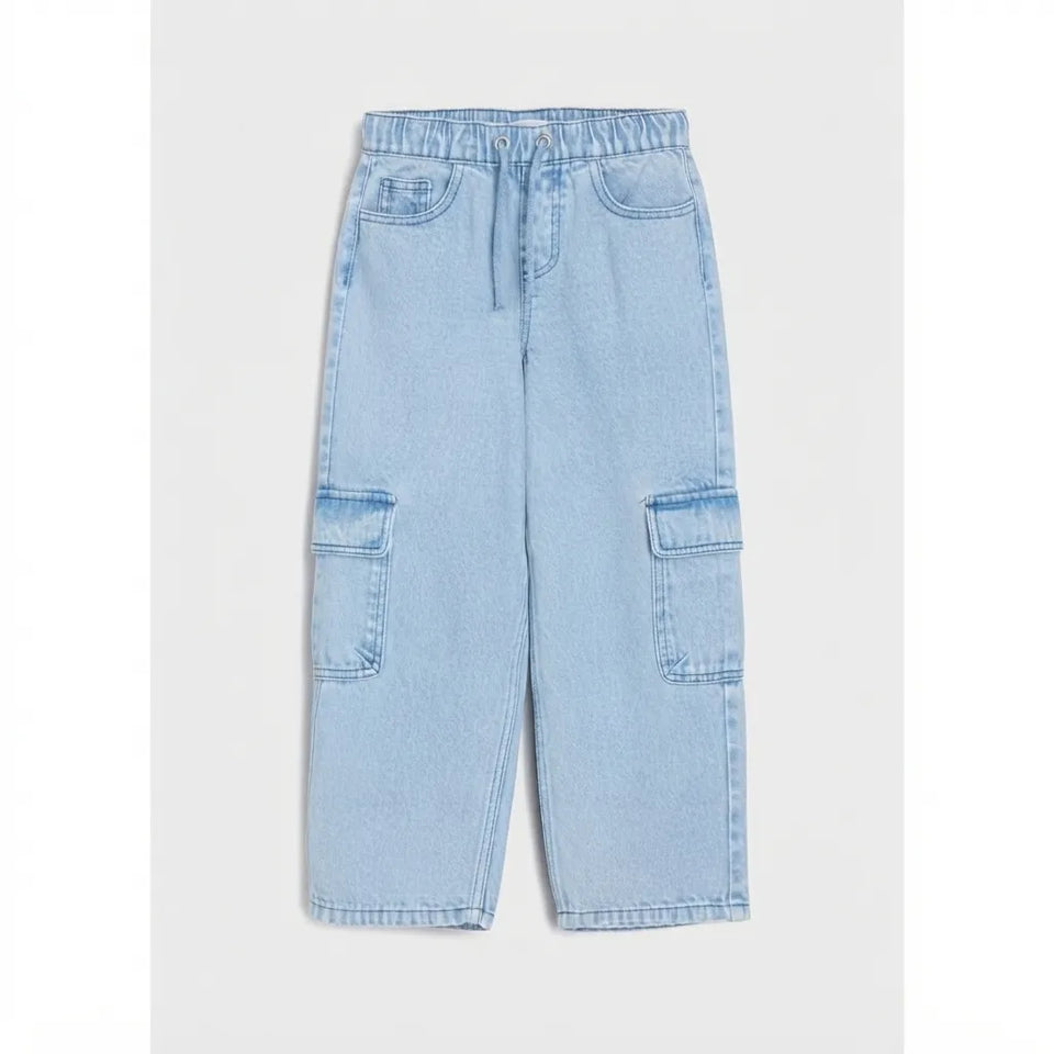 Light blue denim cargo pants with an elastic waistband and drawstring, displayed flat against a light gray background.