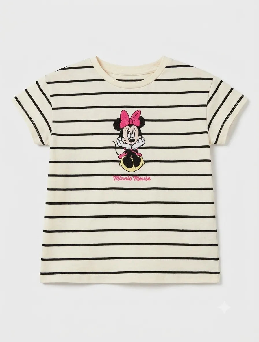 Zara Baby Girl's Cream Striped With Minnie Mouse Printed T-Shirt| Zara in Lebanon