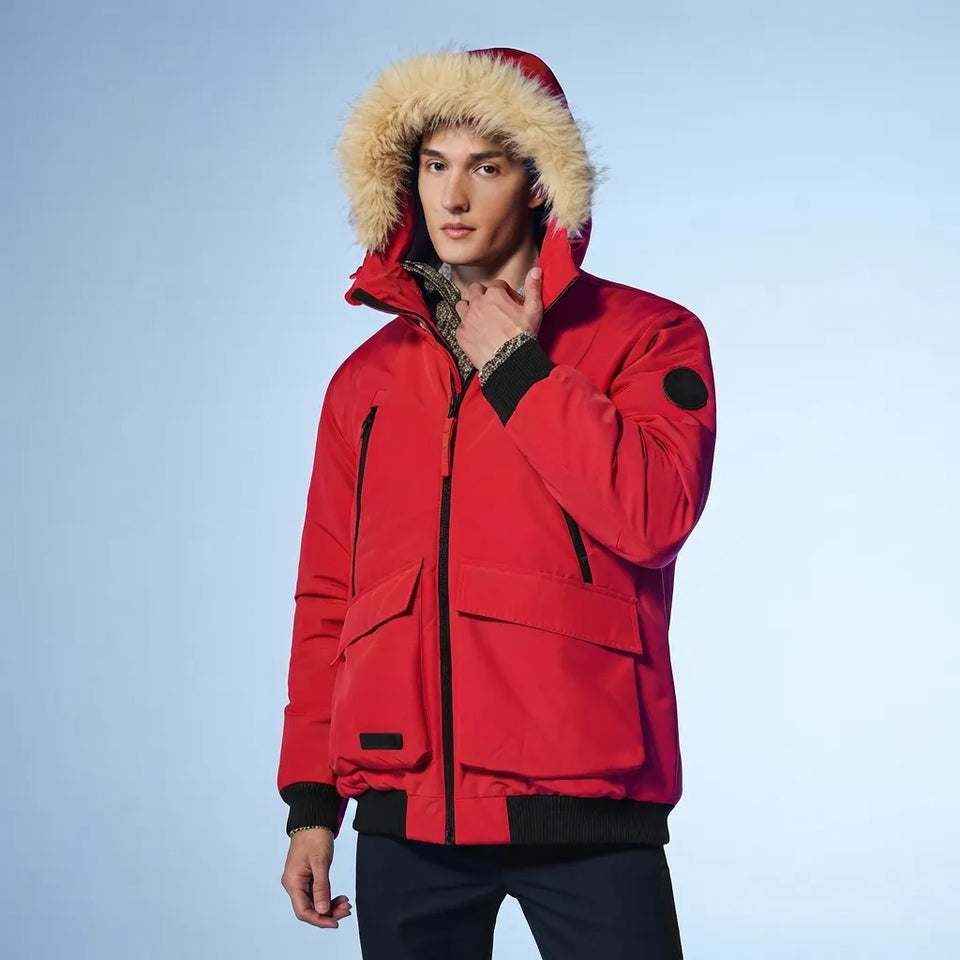 Sinsay Men's Red Faux Fur Trimmed Hood Insulated Jacket