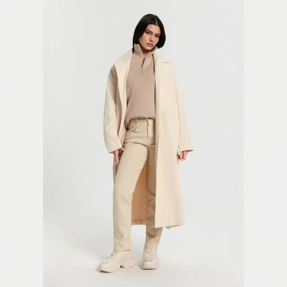 Sinsay Women's Cream Woven Tie-Belted Trench Coat