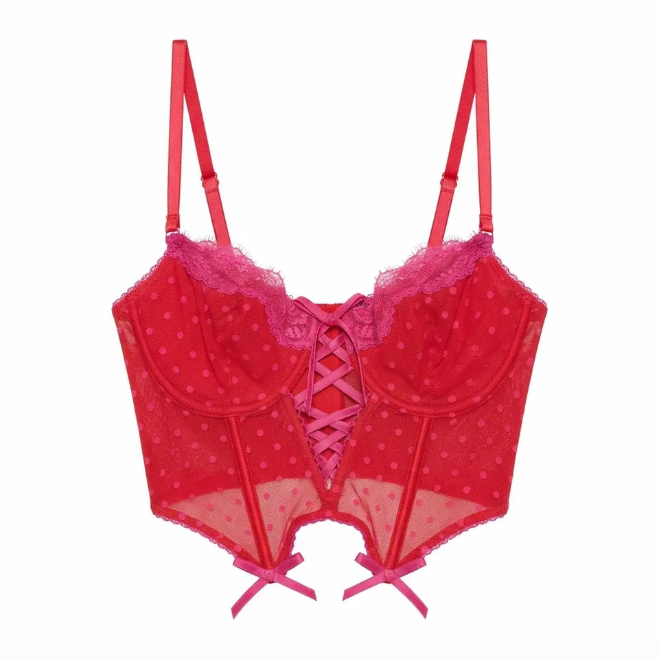 INC International Concepts Women's Red Lace Detail Sheer Support Underwire Bustier Bra
