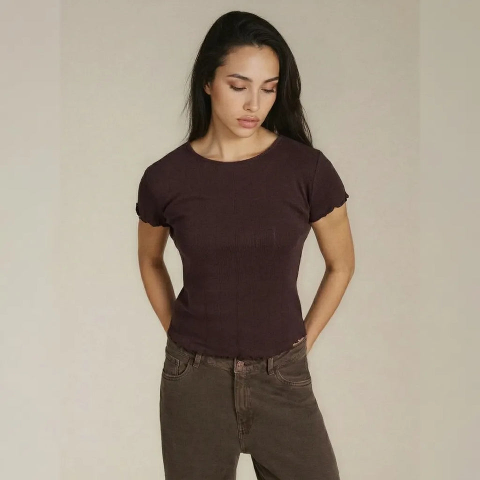 Sinsay Women's Brown Crew Neck Soft Knit T-Shirt