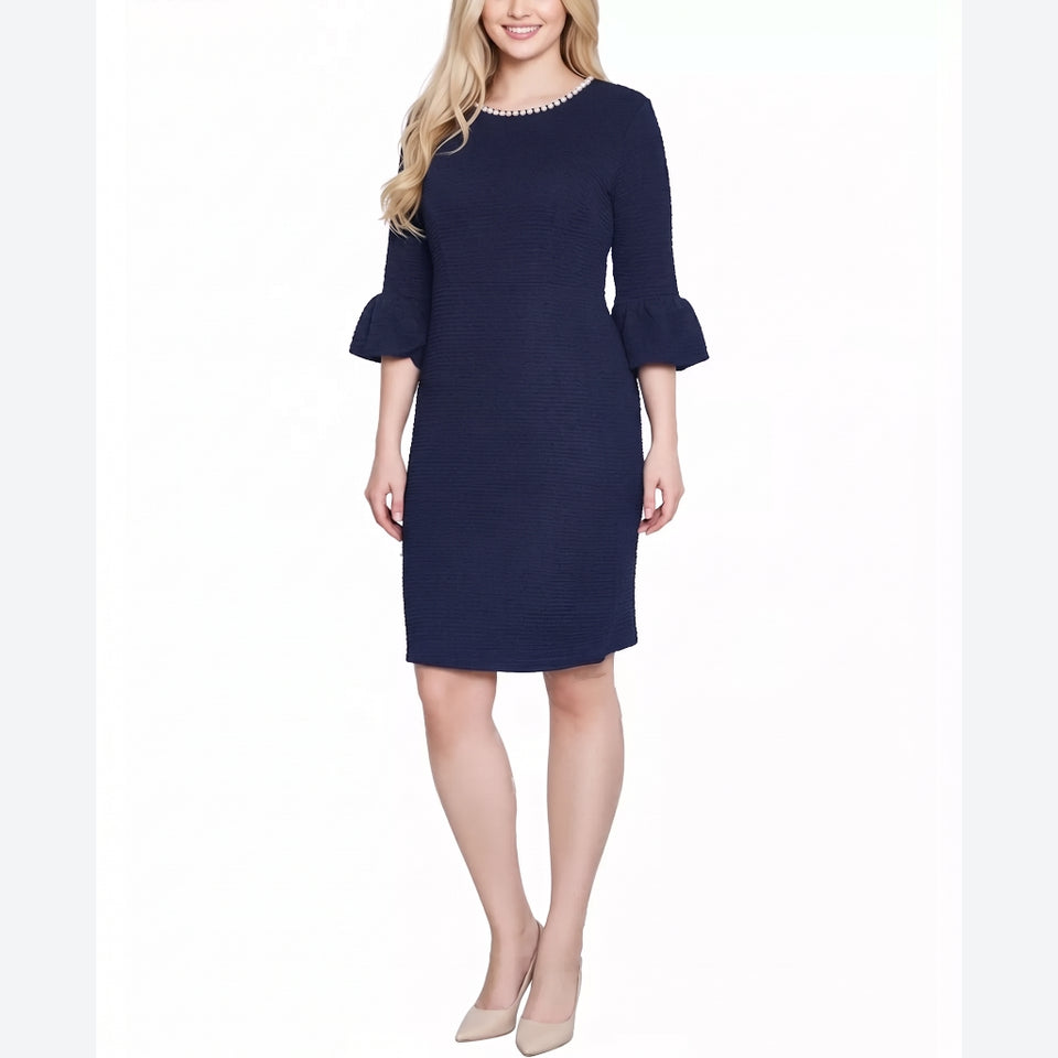 NY Collection Women's Navy Pearl Detail 34 Length Bell Sleeve Dress