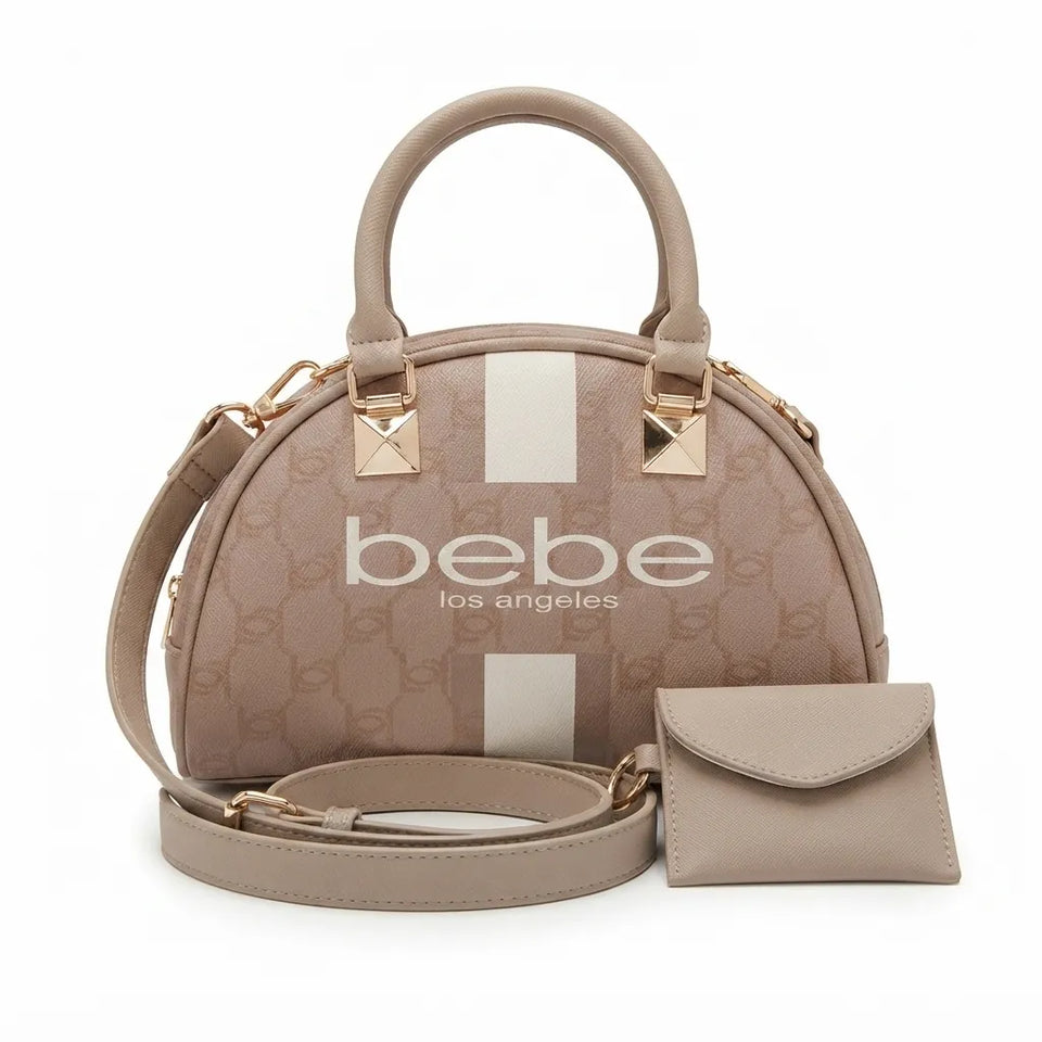 A beige dome-shaped handbag with a monogram pattern, gold-tone hardware, a top handle, a detachable shoulder strap, and a matching small wallet, photographed on a white background. The bag has 'bebe los angeles' printed on the front.