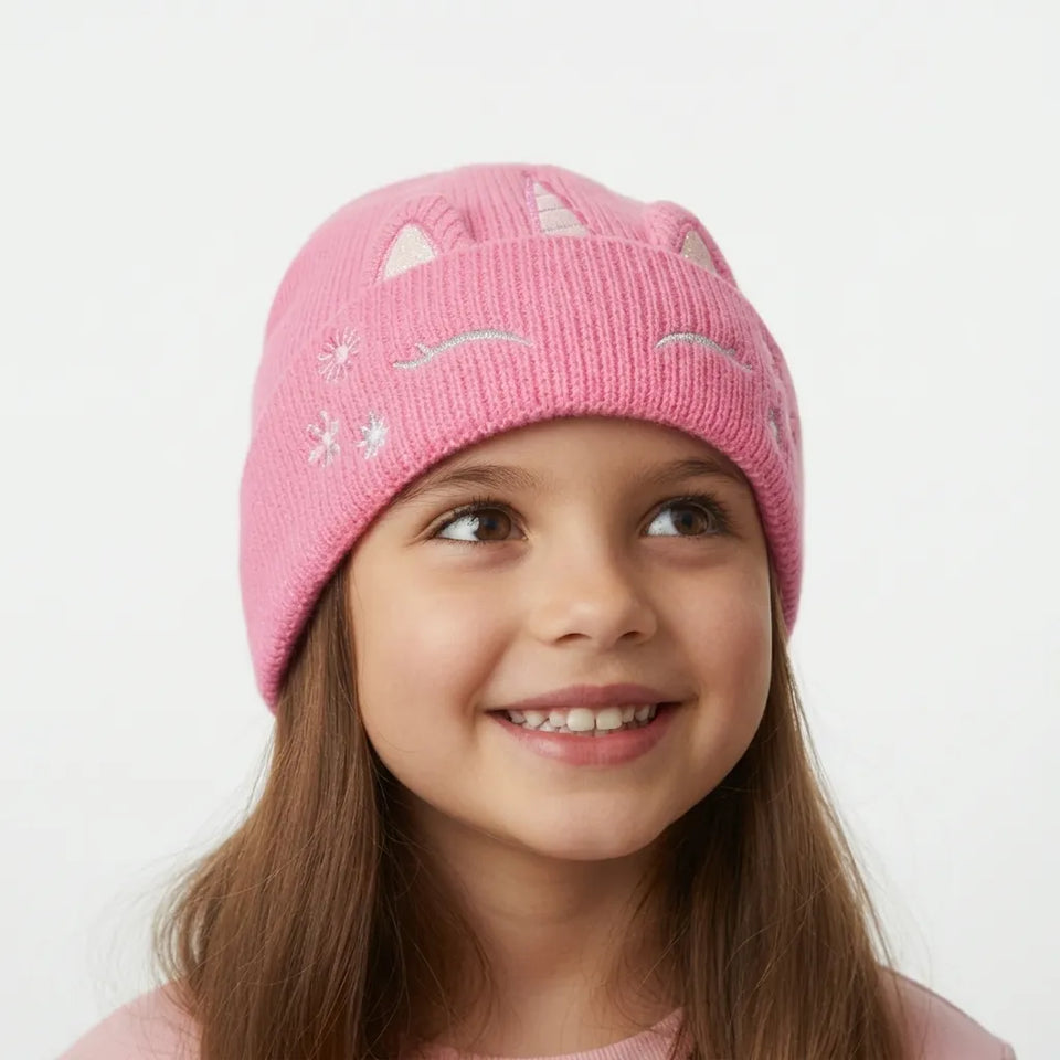 Sinsay Girl's Pink Ribbed Folded Cuff Unicorn Pattern Beanie