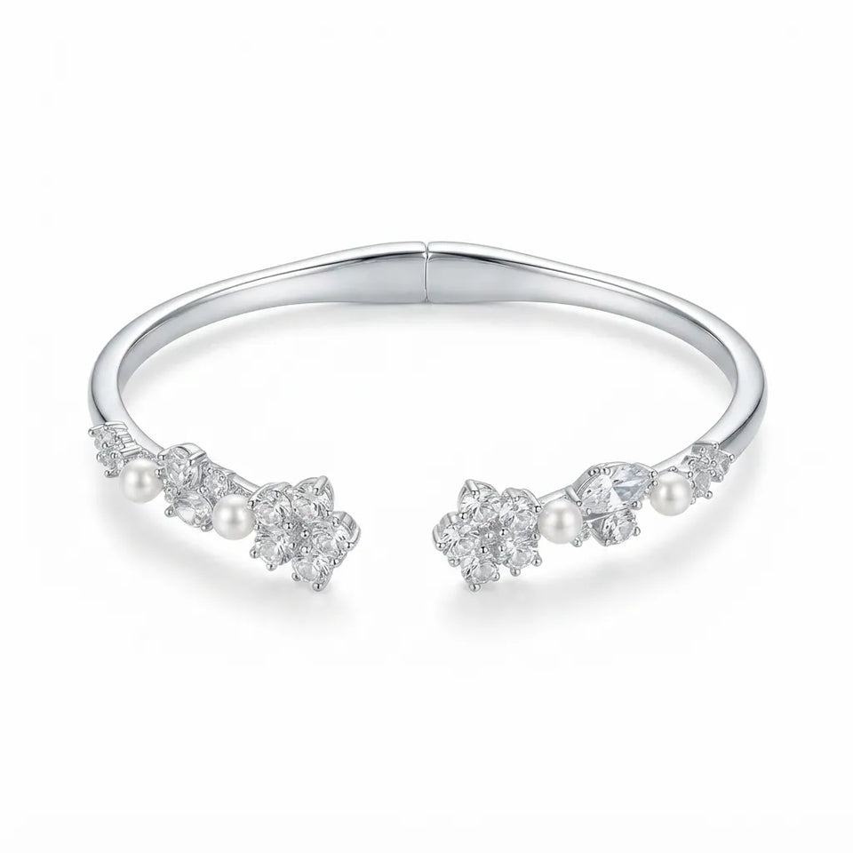 SD Women's Silver-Tone Crystal And Pearl Cluster Open Cuff Bracelet
