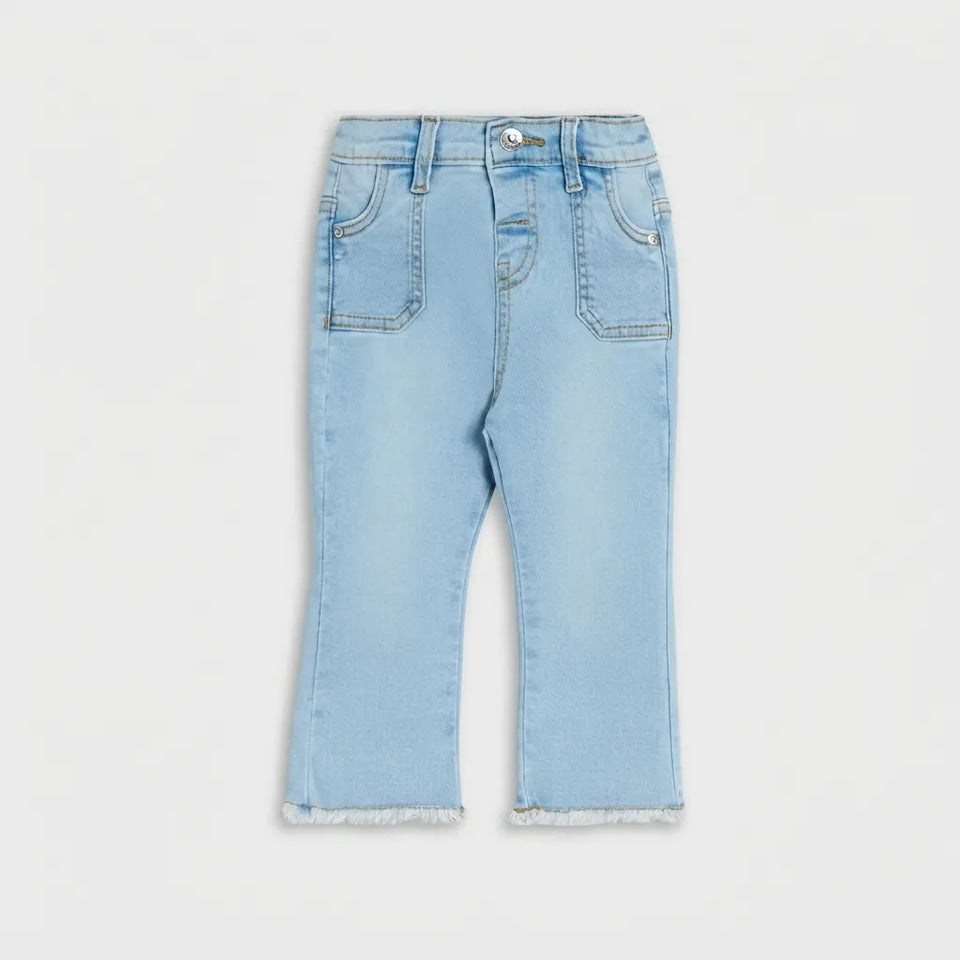 Light blue denim jeans with a high waist, front patch pockets, and a raw frayed hem, shown flat against a light gray background.