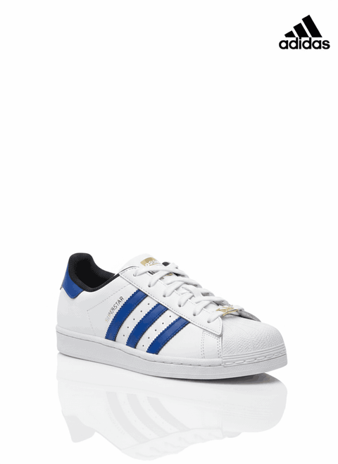 White Adidas sneaker with blue stripes on a white background