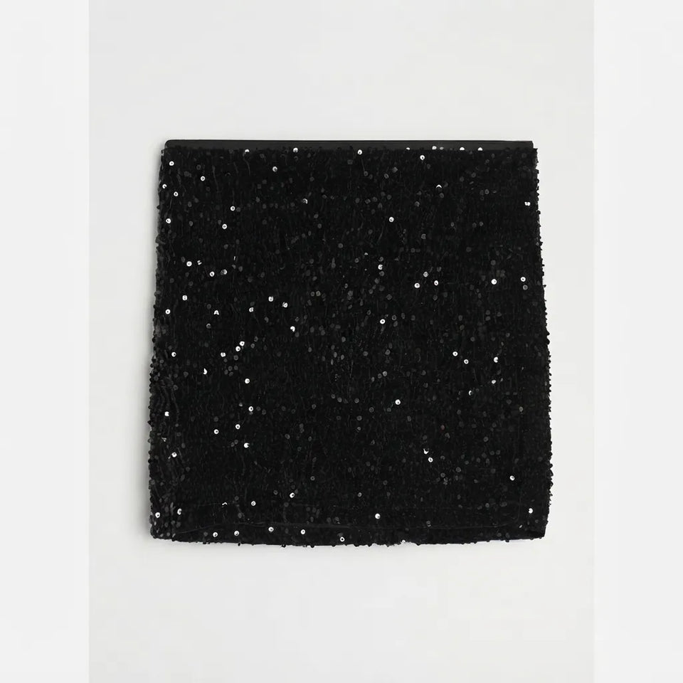 A square black sequined fabric accessory, likely a scarf or pocket square, displayed flat against a light gray background.