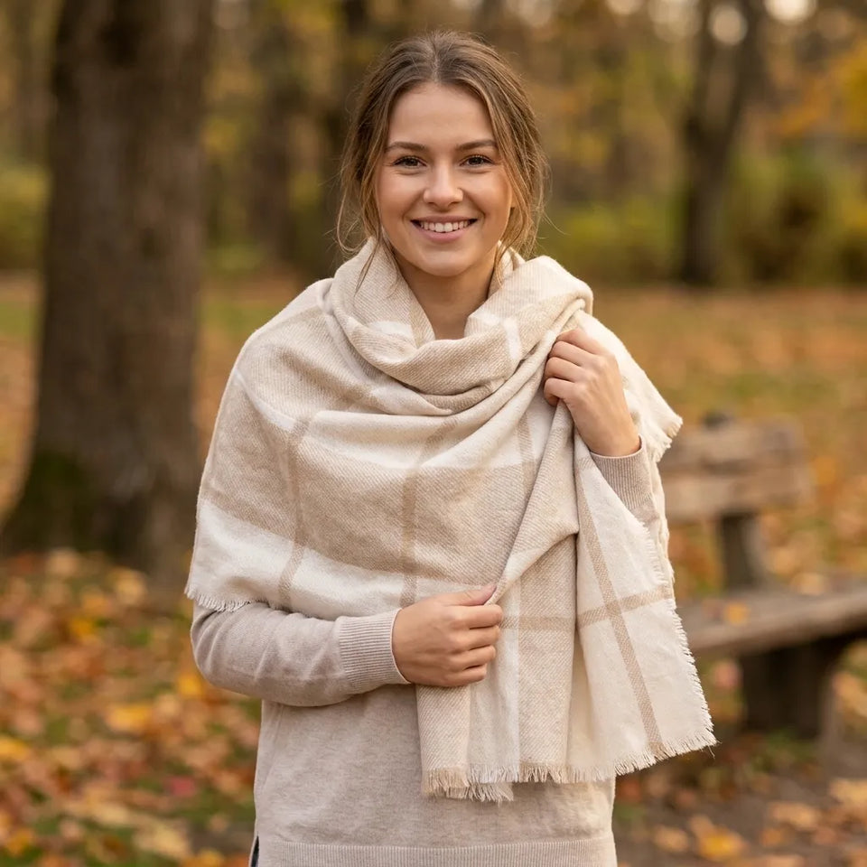 A woman smiling in an autumn park, wearing a large cream-colored plaid shawl over a light beige sweater.