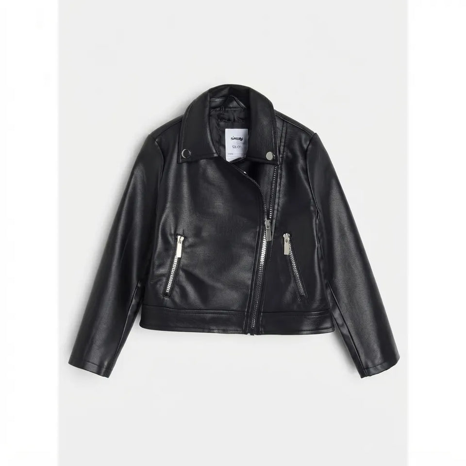 A black faux leather moto jacket with silver zippers and snap details, displayed flat against a light gray background.