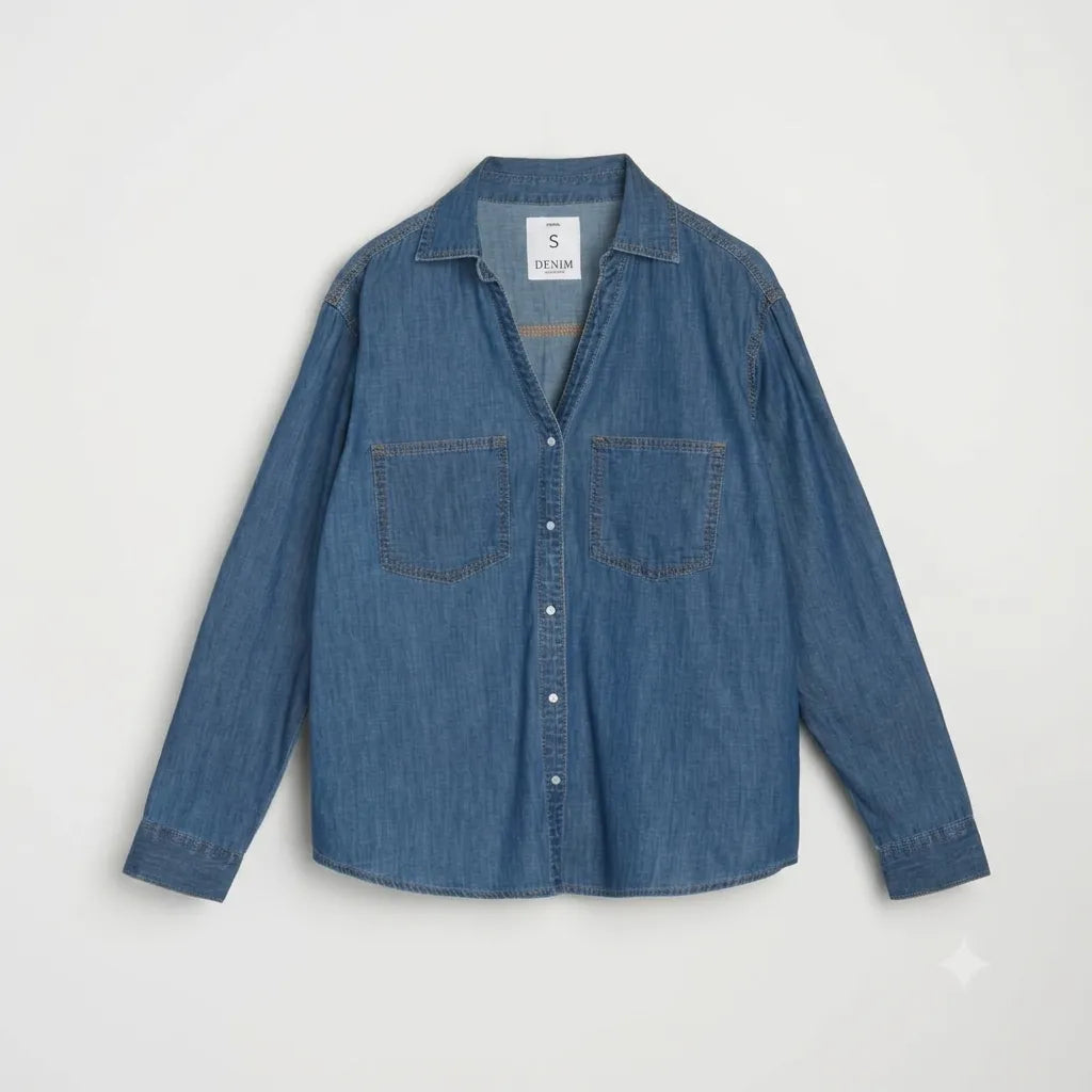 A medium wash blue denim button-up shirt with two chest pockets, laid flat against a light gray background.